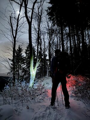 Osoba stojąca tyłem w zimowej, nocnej, leśnej scenerii w czerwonym świetle czołówki (c) Łukasz Derkacz