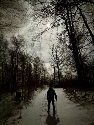 Osoba w nocy w leśnie na śniegu (c) Łukasz Derkacz