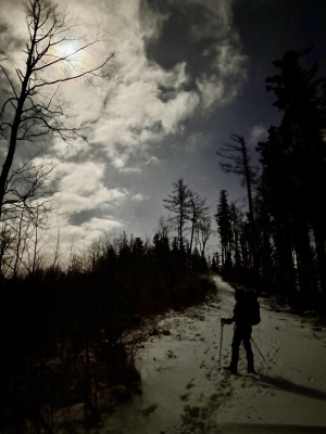 Osoba w nocy w leśnie na śniegu (c) Łukasz Derkacz