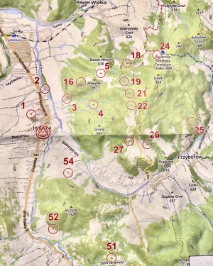 Mapa z zaznaczonymi punktami do zawodów na orientację (c) Łukasz Derkacz
