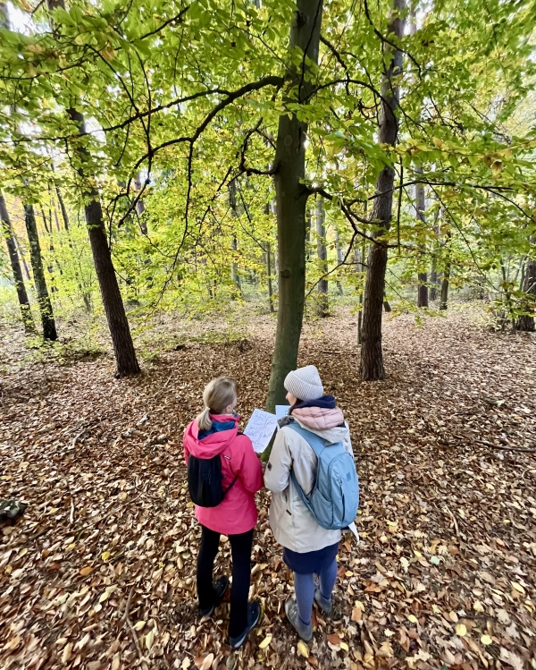 Osoby na trawie w nocy pochylone nad mapami