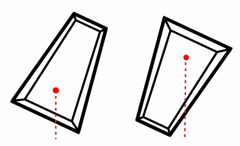 Dwa ostrosłupy ścięte obok siebie, przechylone o 25 stopni, z zaznaczonymi środkami masy (c) Łukasz Derkacz