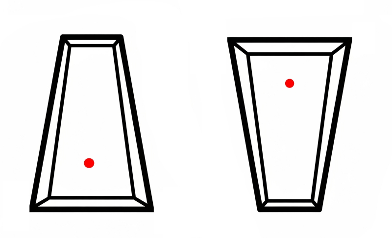 Dwa ostrosłupy ścięte obok siebie, z zaznaczonymi środkami masy (c) Łukasz Derkacz